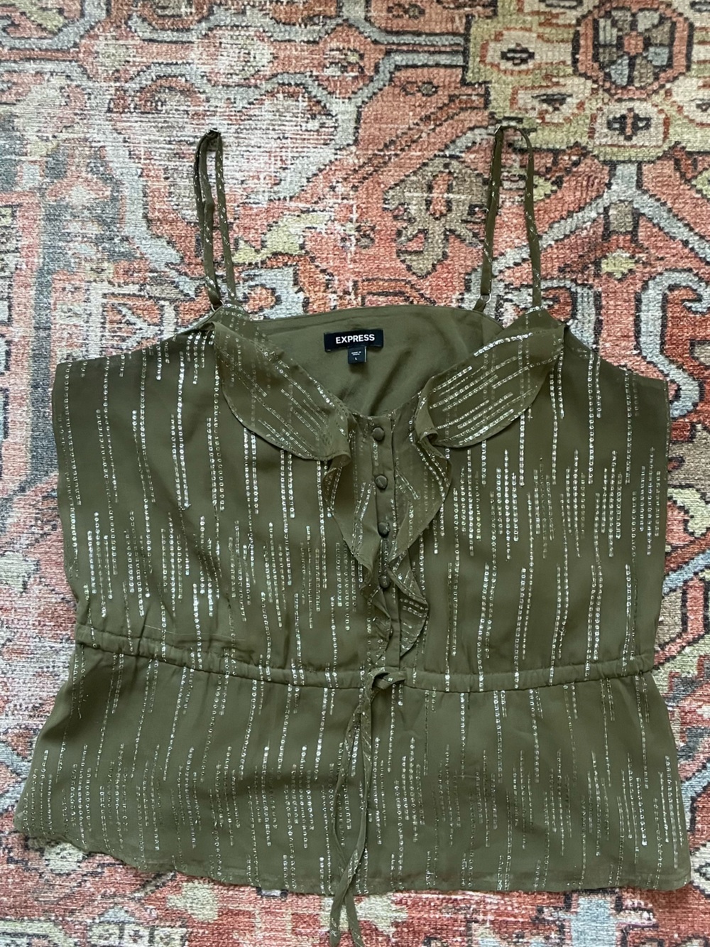 Express Olive Metallic-Stripe Ruffle Cami